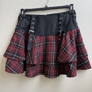 Hot Topic Red Tartan Plaid Skirt Ruffle Gothic Punk Lace Up Size S